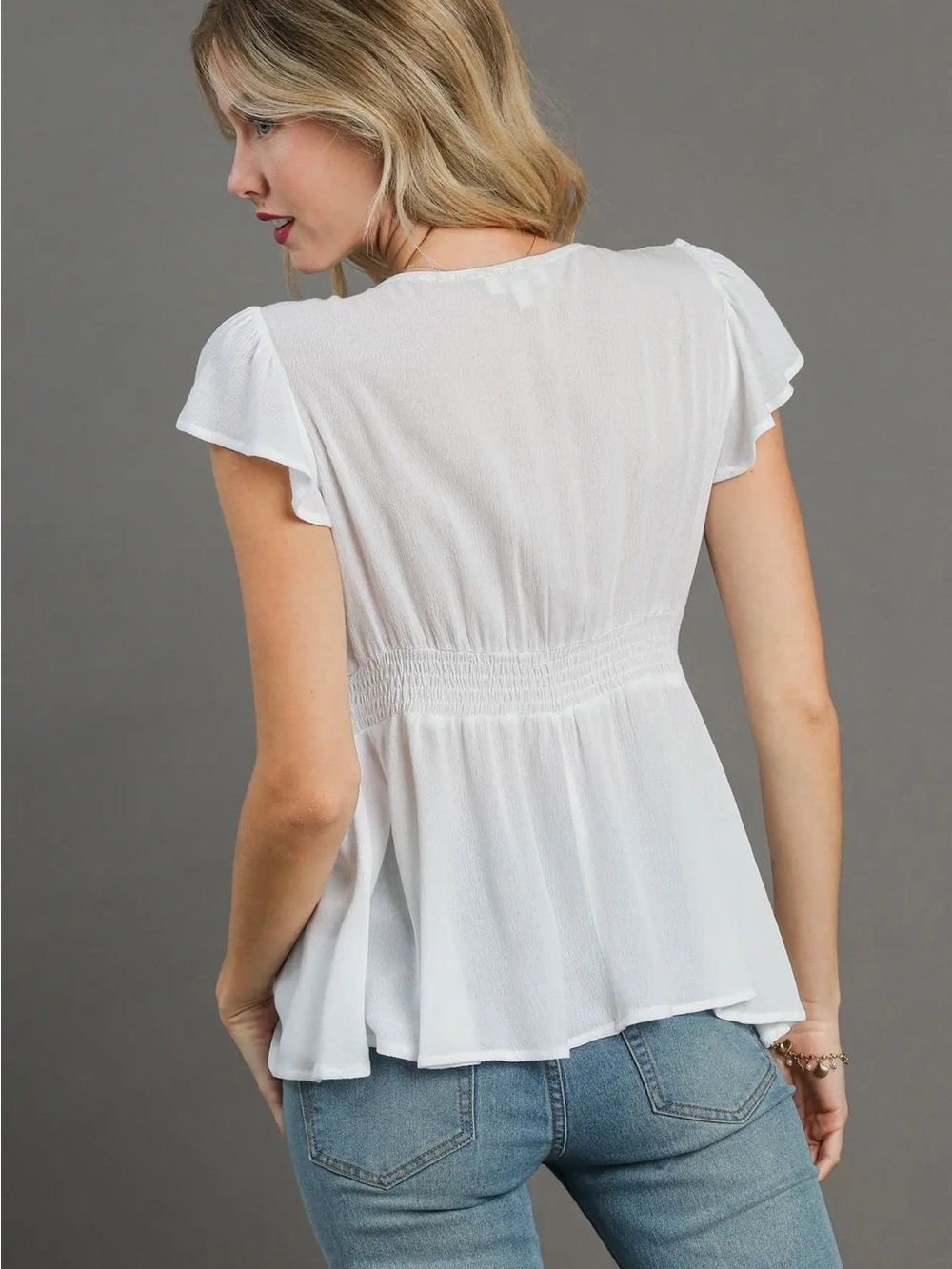 K6151 Trimmed Detail V-Neck Ruffle Sleeve Babydoll Top - Picture 6 of 6